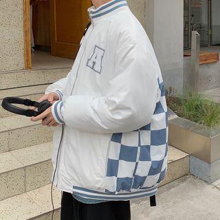Stand-collar Plaid Lettering Padded Jacket
