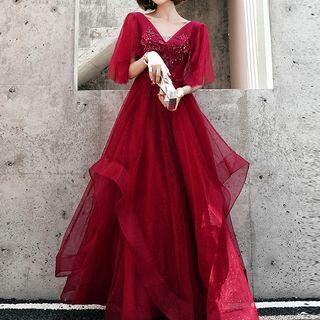Sequined Mesh-sleeve Floral Applique A-line Evening Gown