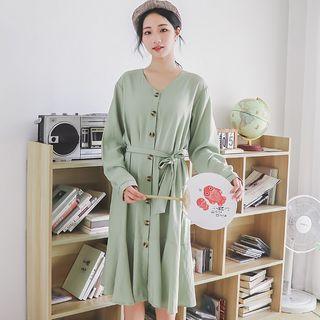 Tie-waist Single-breasted Long-sleeve Midi Shift Dress