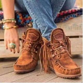 Faux Suede Fringed Lace-up Ankle Boots