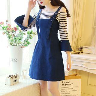 Mock Two-piece 3/4-sleeve Denim A-line Dress