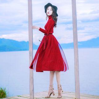 Set: Turtleneck Knit Top + Pleated A-line Dress