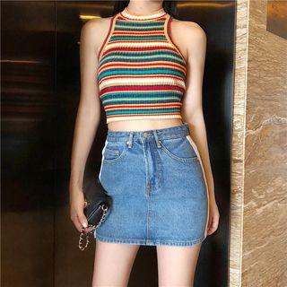 Striped Halter Tank Top / Denim Skirt