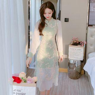 Long-sleeve Embroidered Two-tone Dress
