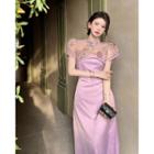 Short-sleeve Mandarin Collar Floral Crop Top / Spaghetti-strap Midi A-line Dress