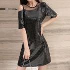 Short-sleeve Cold Shoulder Sequined T-shirt / Maxi A-line Mesh Skirt / Set