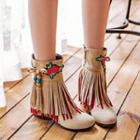 Embroidery Fringed Hidden Wedge Short Boots