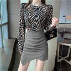 Zebra Print Long-sleeve T-shirt / Irregular Hem Mini Skirt
