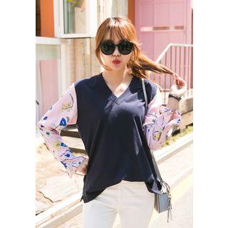 Floral-pattern Striped-sleeve Top