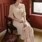 Short-sleeve Square-neck Faux Pearl Midi A-line Dress