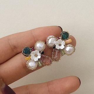 Flower Freshwater Pearl Alloy Earring Red & White & Blue - One Size