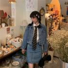 Denim Button-up Jacket / Mini Pencil Skirt / Plain Shirt / Striped Tie