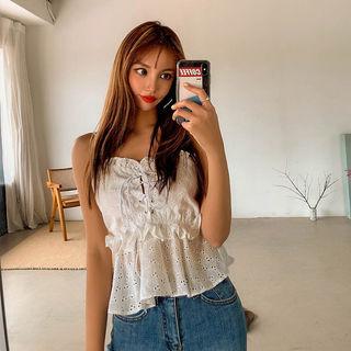 Spaghetti-strap Lace-up Perforated Top