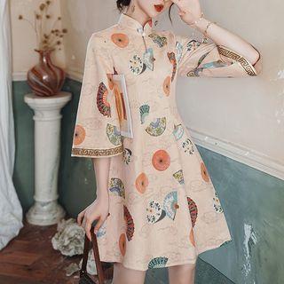 Mandarin Collar Fan Print Mini A-line Dress