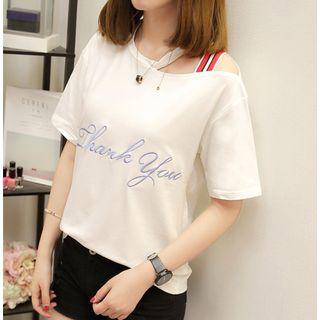 Cutout Shoulder Short Sleeve Embroidered T-shirt