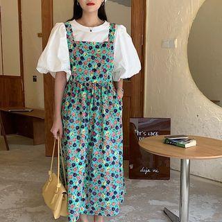 Lantern Sleeve Plain T-shirt / Square Neck Floral Maxi Overall Dress