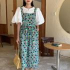 Lantern Sleeve Plain T-shirt / Square Neck Floral Maxi Overall Dress