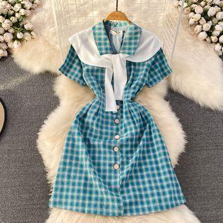 Short Sleeve Inset Scarf Gingham A-line Dress