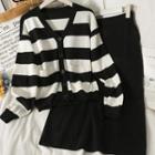 Set: Striped Loose Cardigan + Midi Skirt Black - One Size