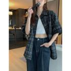 Short-sleeve Tweed Loose-fit Shirt Jacket Black - One Size