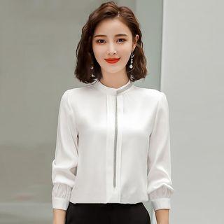 Long-sleeve Contrast Trim Chiffon Shirt / Dress Pants / Set