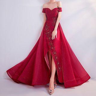 Off-shoulder Rhinestone Floral A-line Slit Evening Gown