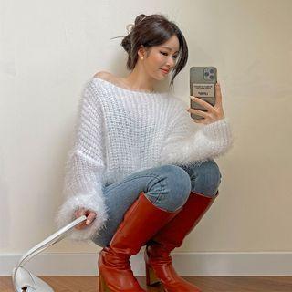 Boatneck Oversized Fluffy Knit Top