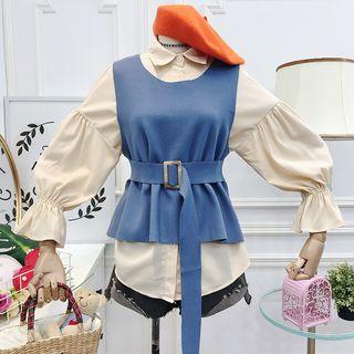 Set: Bell-sleeve Shirt + Tie-waist Knit Vest