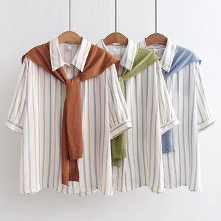 Elbow-sleeve Tie-front Striped Shirt