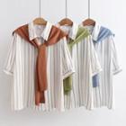 Elbow-sleeve Tie-front Striped Shirt