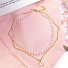 Faux Pearl Pendant Layered Choker Double Layer Pearl Necklace - One Size