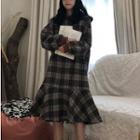 Ruffle Hem Plaid Midi Hoodie Dress As Shown In Figure - One Size