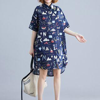 Printed Elbow-sleeve Shirtdress