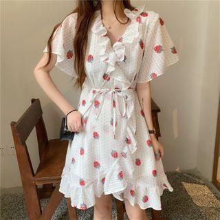 Short-sleeve Strawberry Print Mini A-line Dress White - One Size