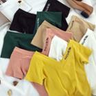 Lettering Embroidered V-neck Slim-fit Short-sleevetop