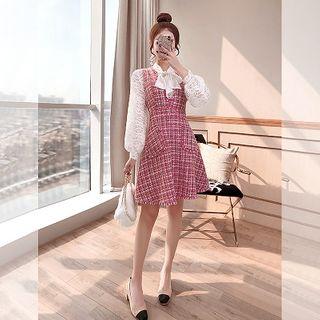 Set: Bow Accent Blouse + Tweed Overall Dress