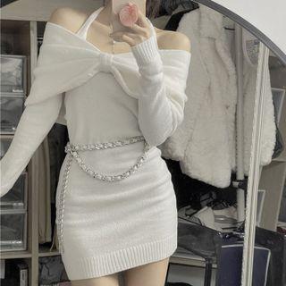 Long-sleeve Off-shoulder Knit Mini Bodycon Dress / Shawl / Waist Chain
