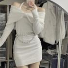 Long-sleeve Off-shoulder Knit Mini Bodycon Dress / Shawl / Waist Chain
