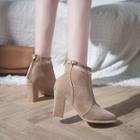Chunky Heel Back Zip Pointed Ankle Boots