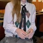 Plaid Knit Vest / Long-sleeve Tie-neck Shirt