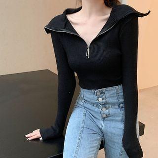 Long-sleeve Plain Slim-fit Zip Ribbed Top