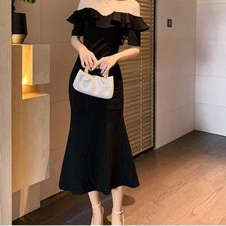 Off Neckline Collar Ruffle Mesh Panel Mermaid Skirt