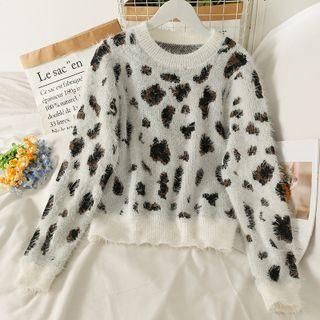 Leopard-print Furry-knit Sweater White - One Size