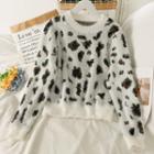 Leopard-print Furry-knit Sweater White - One Size