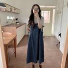 Short-sleeve T-shirt / Midi A-line Denim Pinafore Dress