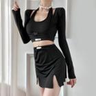 Set: Long-sleeve Crop Swim Top + Slit Swim Skirt