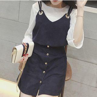 Set: Long Sleeve T-shirt + Corduroy Spaghetti Strap Top + Buttoned A-line Skirt