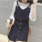 Set: Long Sleeve T-shirt + Corduroy Spaghetti Strap Top + Buttoned A-line Skirt