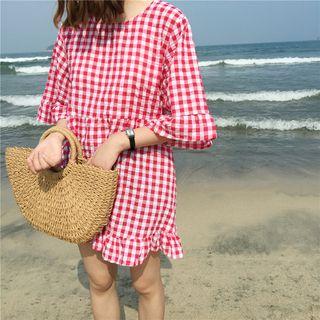 Checked Elbow-sleeve Dress