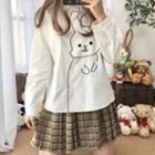 Rabbit Embroidered Collared Long-sleeve T-shirt White - One Size